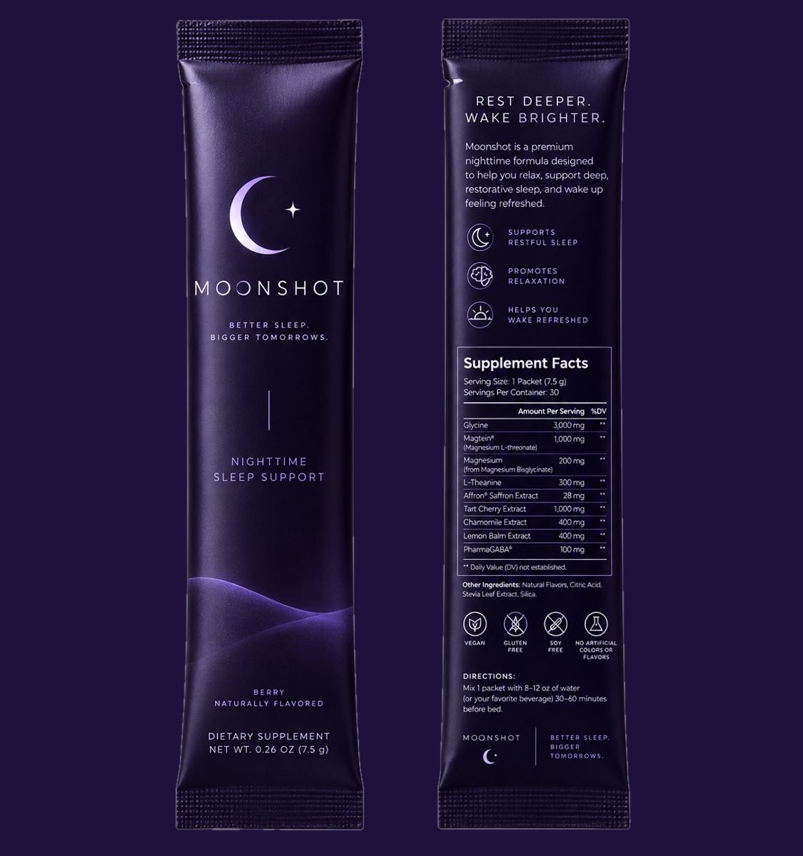 Moonshot Nighttime Sleep Support stick packs, front and back with supplement facts